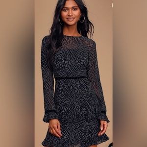 Lulu’s Floral to See Black Polka Dot Long Sleeve Mini Dress - Large